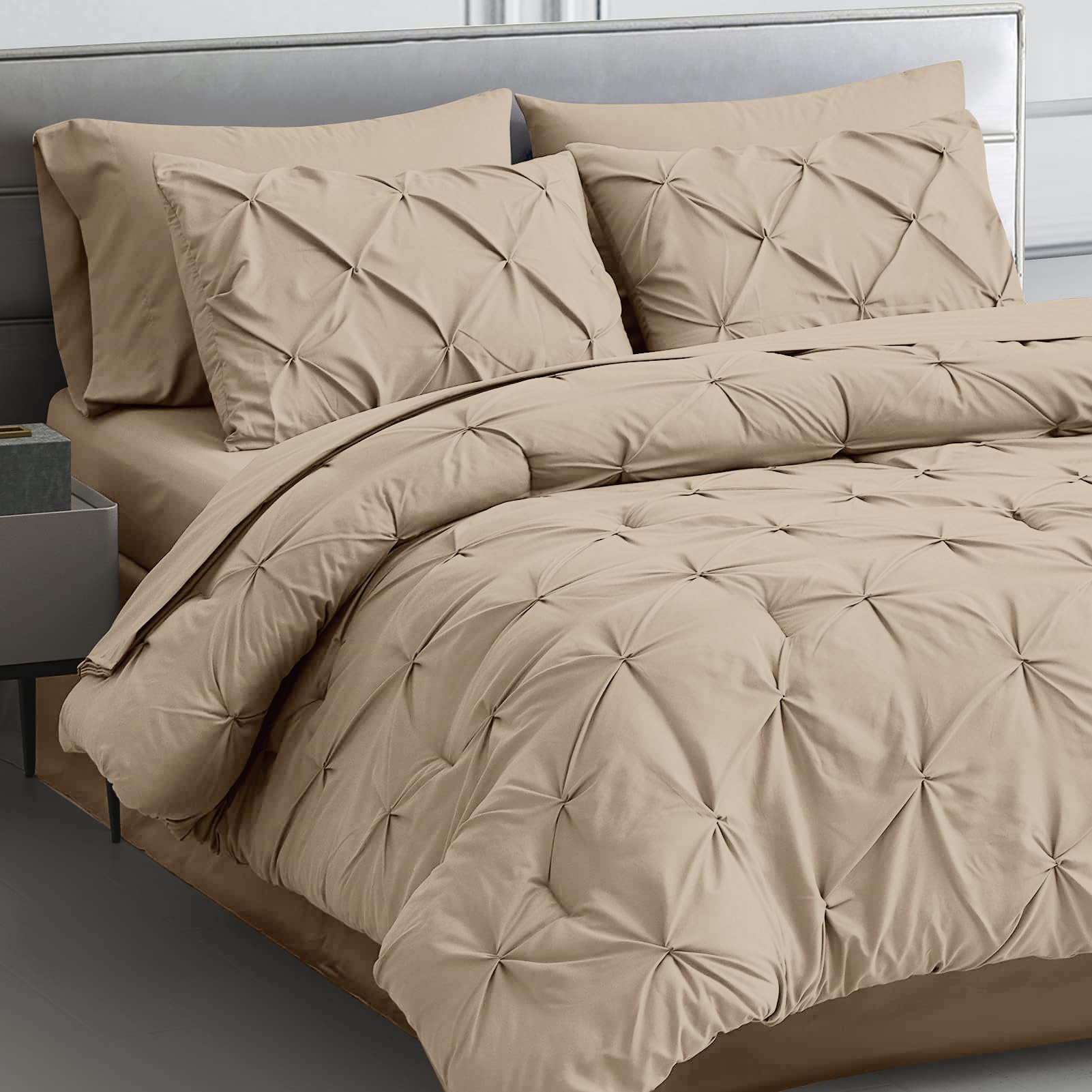 Maple&Stone Comforter Set, 7 Pieces Pintuck Bed In A Bag, Full Size, Beige